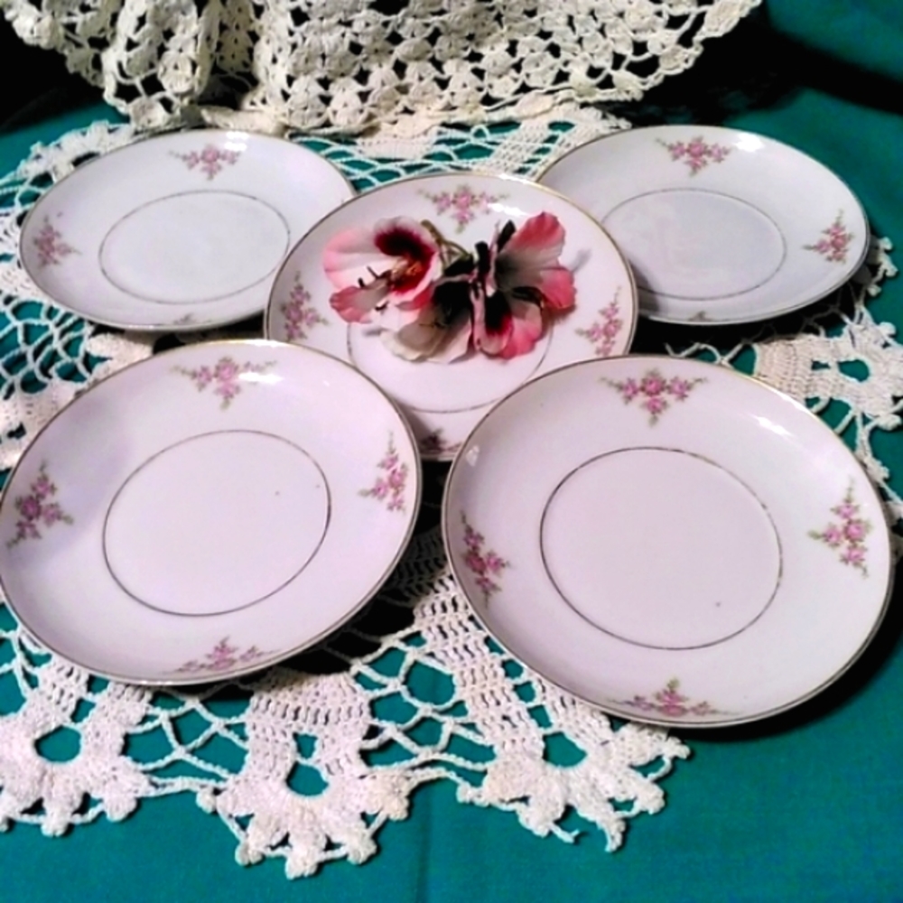 💓 1930s Rosalinda Heinrich & Com., 5 Saucers Pink Floral 22kt Gold